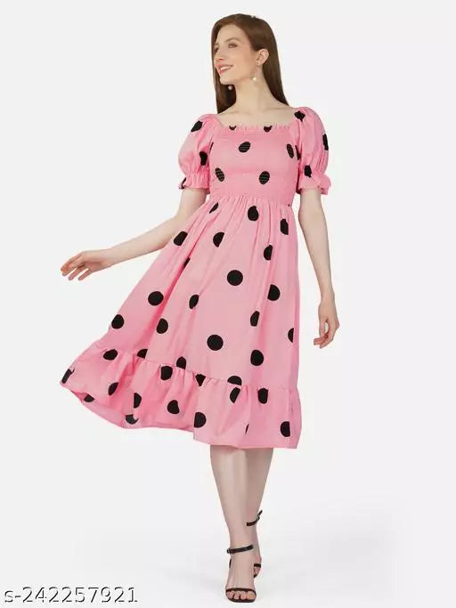 Bell Sleeves Polka Printed Smocking Dresses For Women