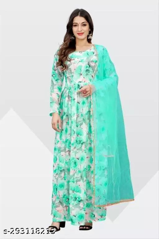 QVAZOR Stylish Fancy Trendy Printed Georgette Gown For Women For Party Wedding Festival Functions