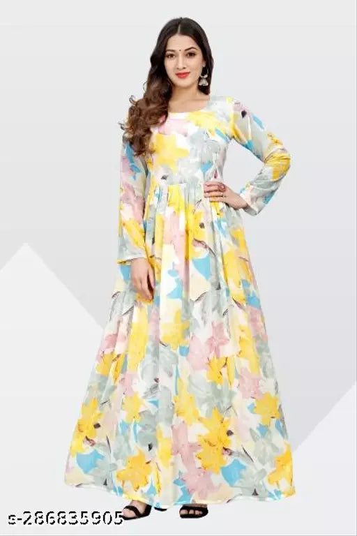 QVAZOR Stylish Fancy Trendy Printed Georgette Gown For Women For Party Wedding Festival Functions