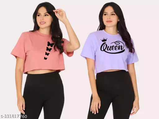 Trendy Feminine Printed Crop Tshirt Round Neck Top For Womens(Pack Of 2)