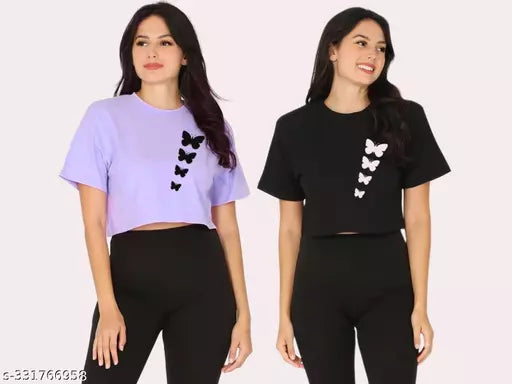 Trendy Feminine Printed Crop Tshirt Round Neck Top For Womens(Pack Of 2)