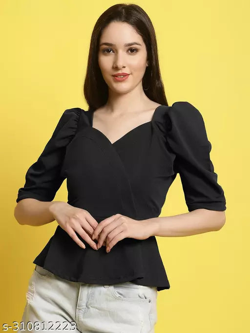 Sweetheart Neck Puff Sleeves Peplum Top (Women Top | Women Tops | Top)