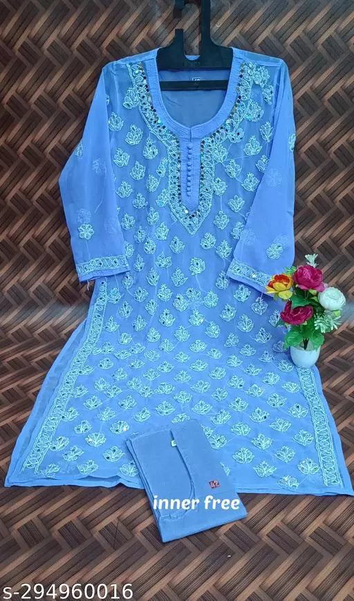 Mirror work Booty Jaal Chikankari Handwork Kurti with Inner.