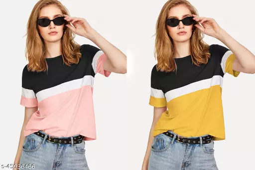 Vivient Women Mustured And Baby Pink Colour Block T-Shirts Combo