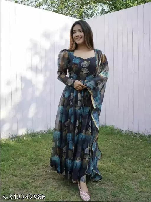 QVAZOR Stylish Fancy Trendy Printed Georgette Gown For Women For Party Wedding Festival Functions