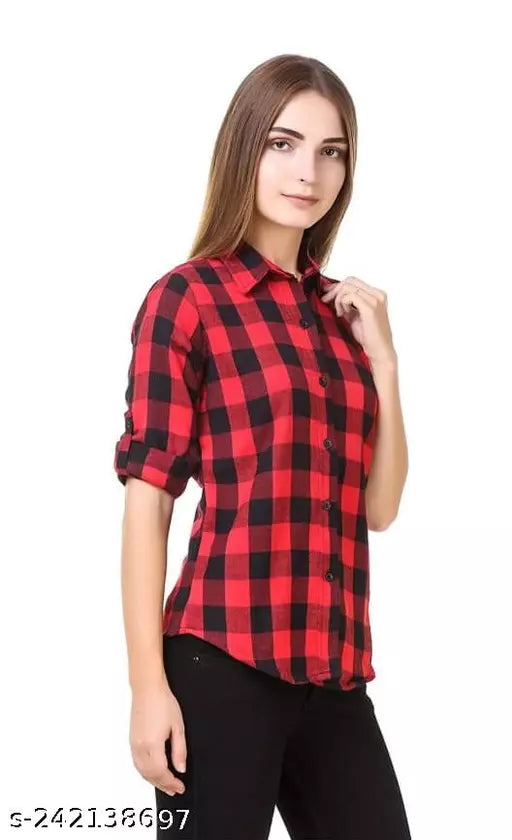 woman check shirt red