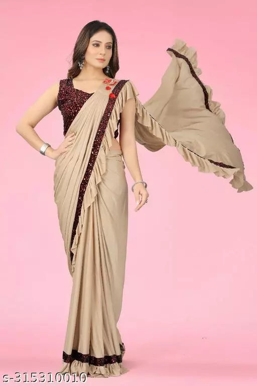 Ready To Wear Lycra Freel Fancy Party Wear Sarees Chiku Colour Sarees with sequance blouse BY Kraddle