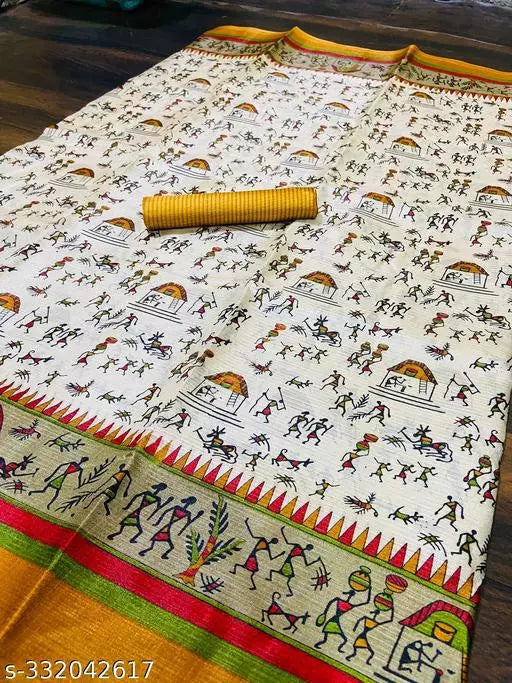 WARLI PRINTED KHADI SILK BLENDED LIGHT WEIGHT COMFERTABLE WEAR DESIGNER SAREE WITH BLOUSE
