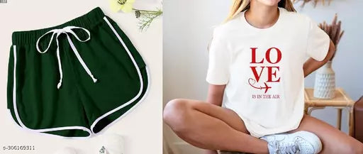 Vivient Women Green Shorts and White Love Printed T-Shirt Combo