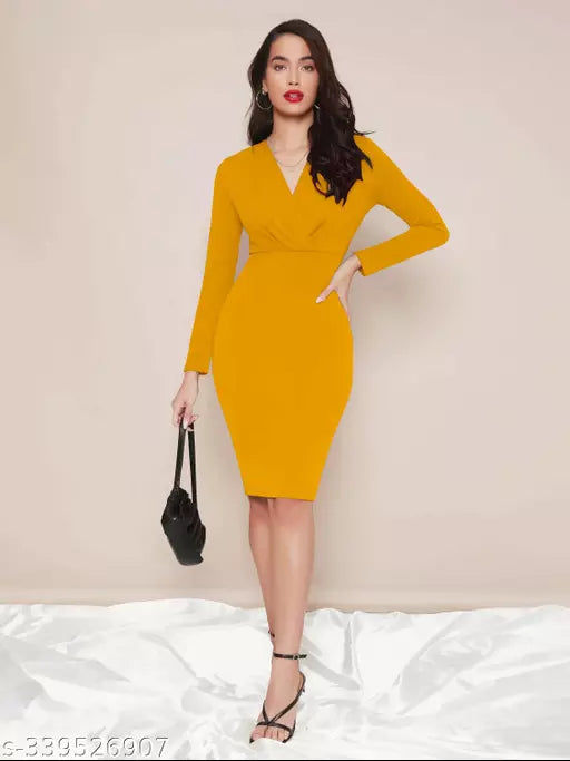 FANCY DRESS FOR WOMAN FULL SLEEVE YELLOW BODYCON DRESS.