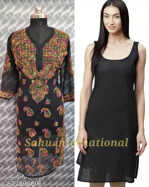 Handwork Embroidered Chikankari Chiffon Makkhi Jaal kurti .with Inner.