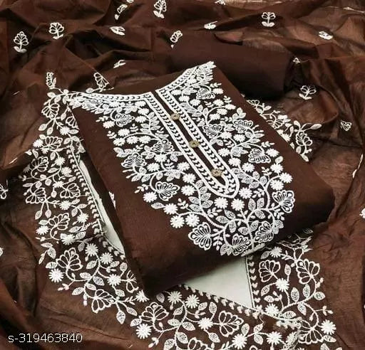 Brown Chanderi Cotton Unstiched Chudidar Patiala Punjabi ChainStich Work Embroidered Party Wear Salwar Suits & Dress Materials
