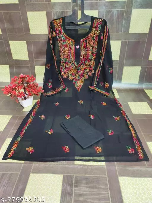 Womens Chikankari Handwork Embroidered Plus Size Gala Booty Chiffon Long kurti With inner.