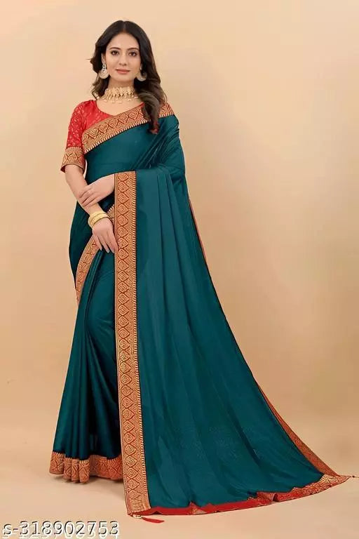Bhagalpuri Soft Silk Teal Lace border Saree With Blouse BY KRADDLE