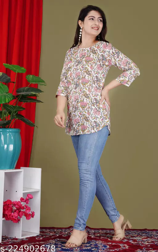Shree   Fashion White Rayon Zigzag Print Top