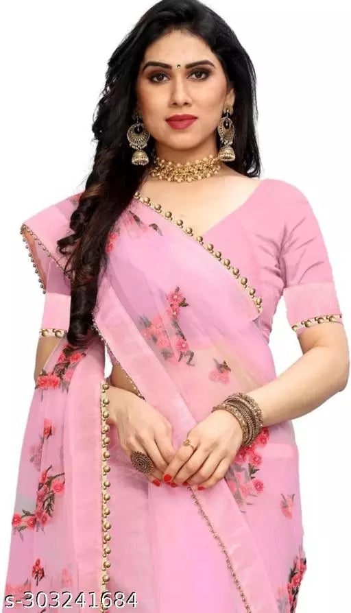 Bollywood Celebrity inspired Explore net saree With beautifull Embroidered all over moti work Pink colours