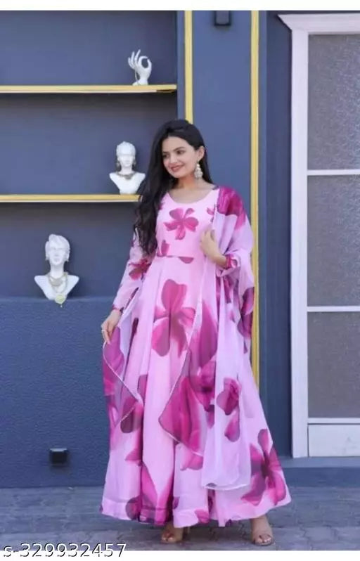QVAZOR Stylish Fancy Trendy Printed Georgette Gown For Women For Party Wedding Festival Functions