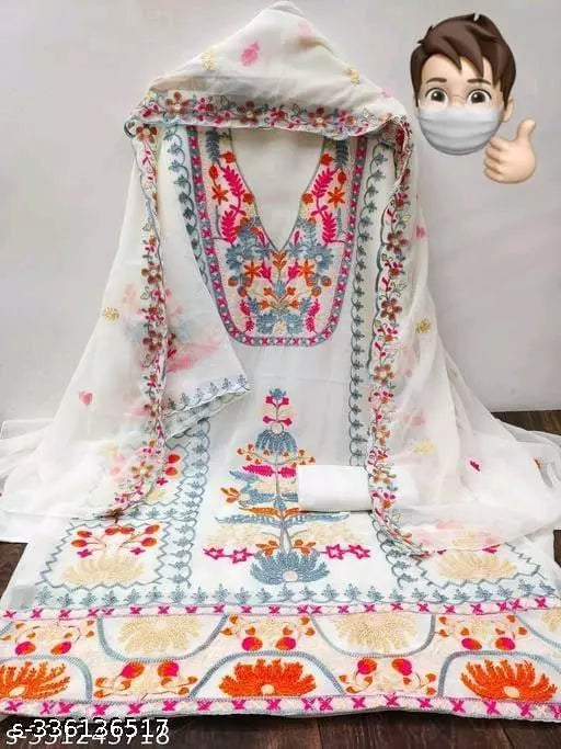 TRENDY  WHITE DRESS MATERIAL FOR WOMEN IN GEORGETTE FABRIC WITH EMBROIDERY WORK ON IT AND DUPPATA