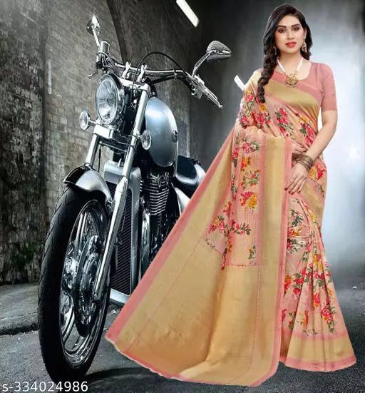 LIGHT WEIGHT BEAUTIFUL DESIGN COTTON BLEND -ART SILK MIX MATERIAL) SAREE WITH UNSTICHED BLOUSE