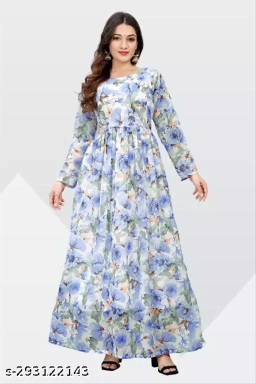 QVAZOR Stylish Fancy Trendy Printed Georgette Gown For Women For Party Wedding Festival Functions