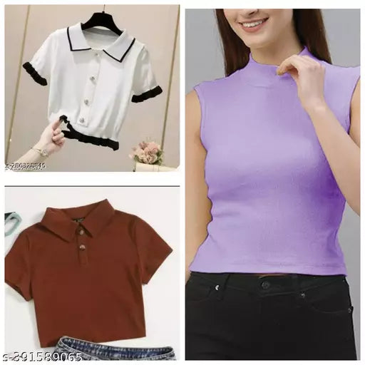 JKP Collection Women & Girl 3 Pcs Top Fabric Cotton Knitted  Pattern Solid  Sleeveless  Short Sleeve In Color White  Lavendar  Coffee