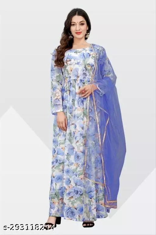 QVAZOR Stylish Fancy Trendy Printed Georgette Gown For Women For Party Wedding Festival Functions