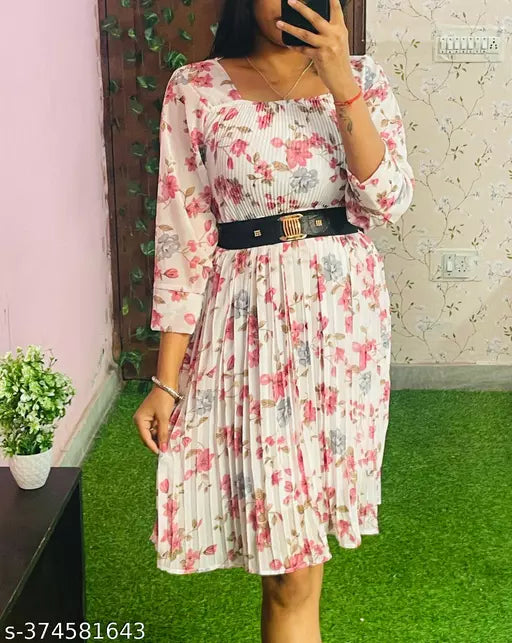 JKP Collections Womens & Girls A-Line Dress  Casual Wear  & Short Sleeve Dress Fabric Cotton In Color White Pink