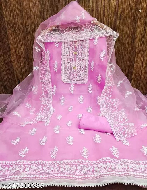 ORGANZA SILK BARFI WITH EMBROIDERED DOUBLE  MULTI WORK DRESS MATERIAL SUIT FOR WOMEN