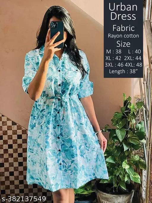 JKP COLLECTION Trendy Floral Print Women's Rayon A-Line Below The Knee Length Casual Dress Mint Green