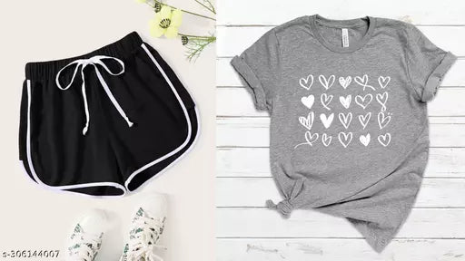 Vivient Women Black Shorts and Grey Hearts Printed T-Shirt Combo