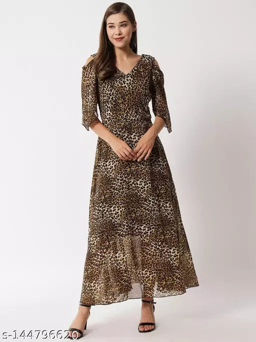 Vivient Woman White Mix Tiger Printed Off Shoulder Long Gowns