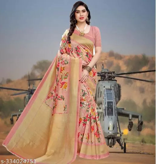 LIGHT WEIGHT BEAUTIFUL DESIGN COTTON BLEND -ART SILK MIX MATERIAL) SAREE WITH UNSTICHED BLOUSE