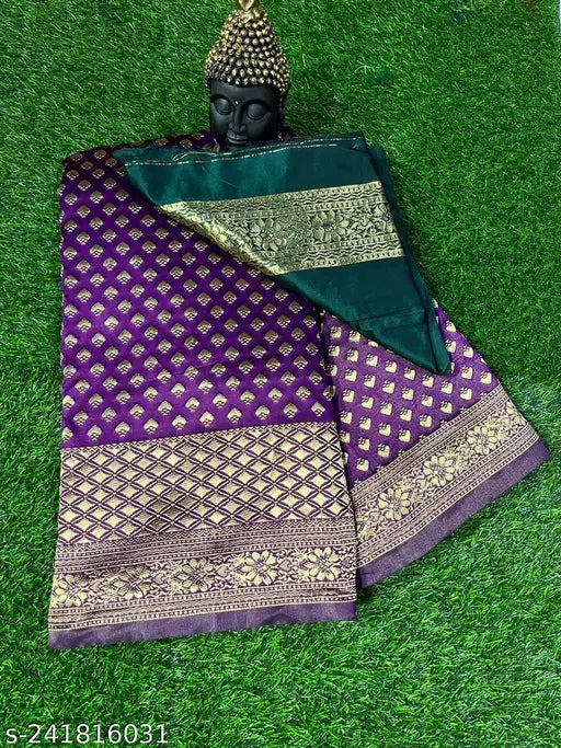 Woven Kanjivaram Jacquard  Pure Silk Saree  Banarasi Sarees jacquard silk saree Wedding Wear Party Wear Daily Wear sarees Purple Green