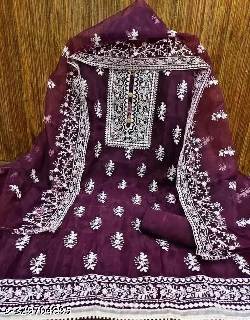 Jivika Graceful Salwar Suits & Dress Materials Exclusive Fancy Women's Designer Chainstich Embroidered Multiwork Double Sequence Purple Floral Embroidered Organza Suits & Dress Materials