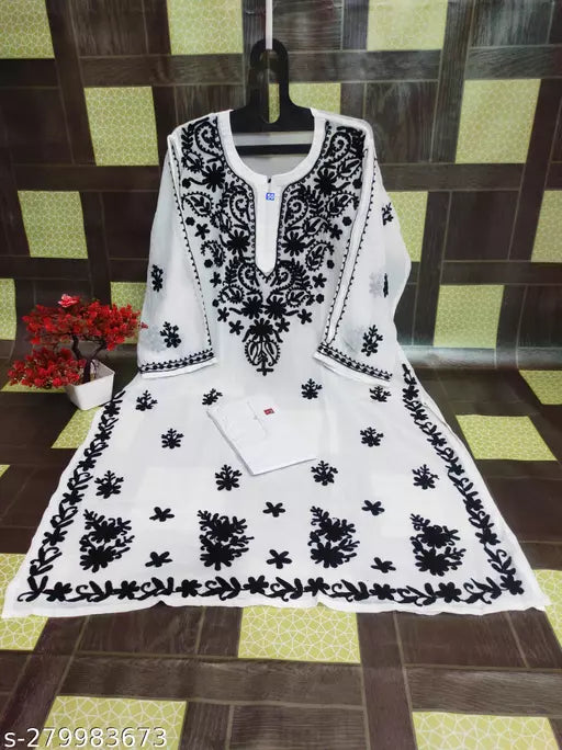 Fancy Chikankari Aari Work Embroiderd Georgette fabric Plus Size Long Kurti with Inner.