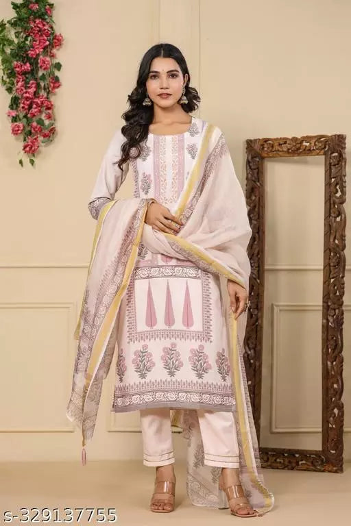 Anni Designer Women's Cotton Blend Cream Ethnic Motifs Printed Kurta with Trouser & Dupatta