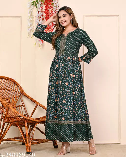 Shree  fashion's Rayon Anarkali Printed D-Green Kurti for women