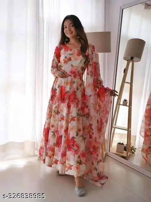 WOMEN ORGANZA LONG GOWN WITH LACE BORDER DUPTTA