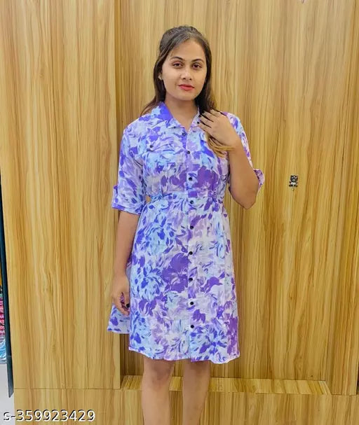JKP COLLECTION Women's & Girls's Stylish Rayon Collared Shirt Flared Mini Dress with Waist Belt Lavendar