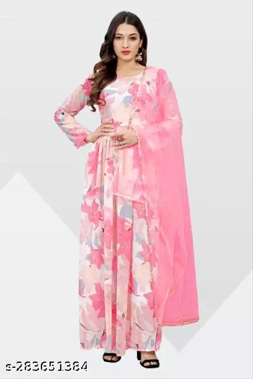 QVAZOR Stylish Fancy Trendy Printed Georgette Gown For Women For Party Wedding Festival Functions