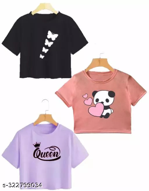 Trendy Feminine Printed Crop Tshirt Round Neck Top For Womens (Combo 3)