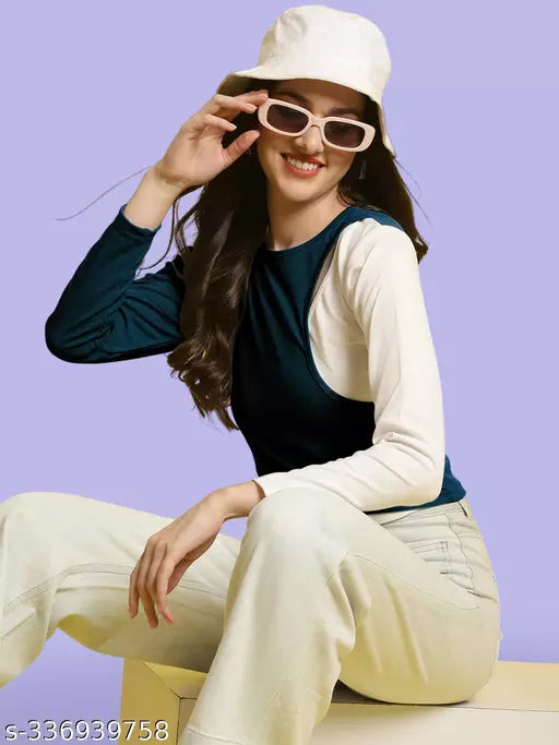 Casual Regular Sleeves Color Block Women Navy Blue  White Top (Women Top | Women Tops | Top)