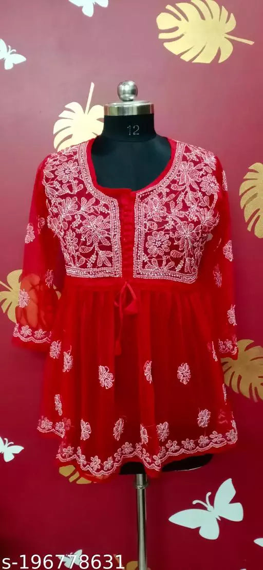 Handwork Embroidere Chikankari Chiffon Short Frock kurti .