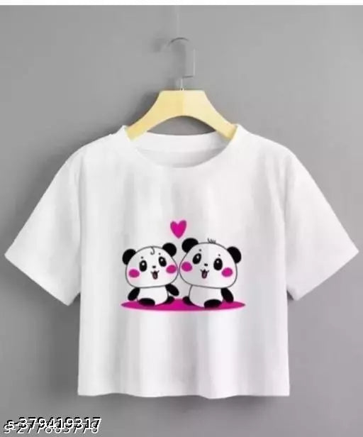 Trendy Feminine Printed Crop Tshirt Round Neck Top For Womens