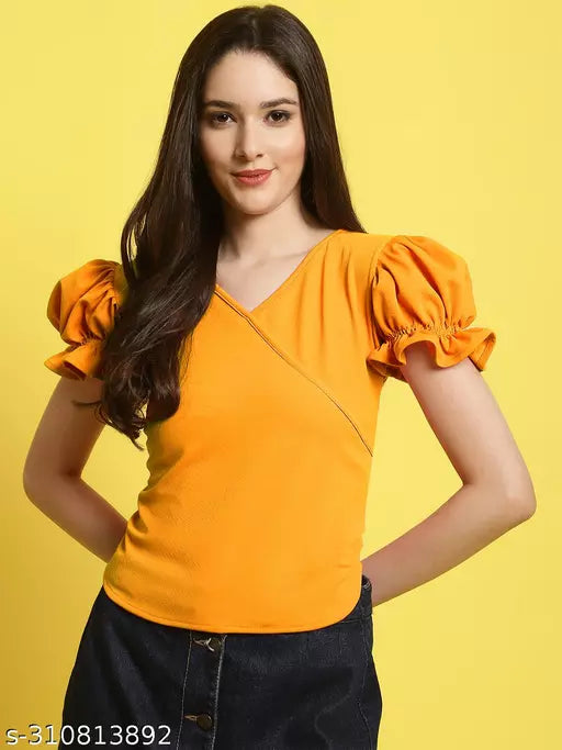 Women Yellow Solid Puff Sleeve Wrap Top (Women Top | Women Tops | Top)