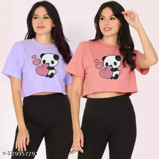 VK TOPS Trendy Feminine Printed Crop Tshirt Round Neck Top For Womens (Pack of 2)