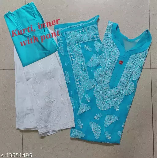 Handwork Chikankari Butterfly Chiffon kurti set+pant+inner.