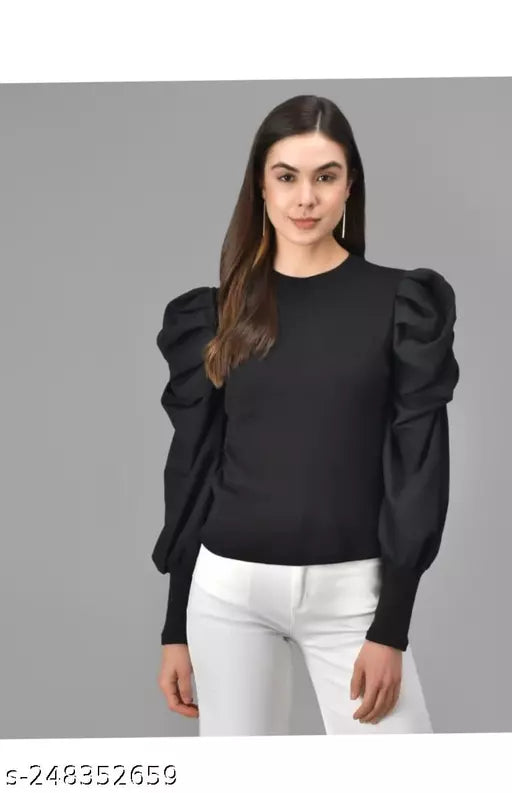 casul balloon sleeve solid women black top