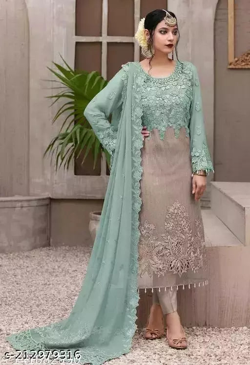 Women's Aqua Blue Floral Embroidered Georgette Semi Stitched Suits