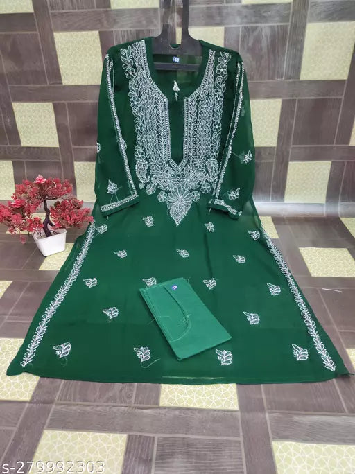 Womens Chikankari Handwork Embroidered Plus Size Gala Booty Chiffon Long kurti With inner.